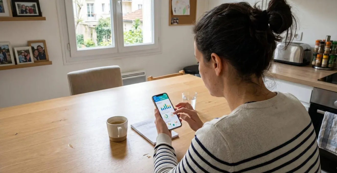 Un parent vu de dos consulte une application santé sur son smartphone dans un intérieur moderne et lumineux