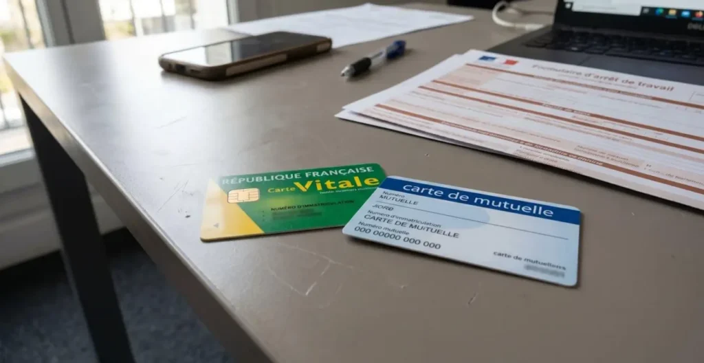 Carte vitale et carte de mutuelle posées sur un bureau en bois clair avec un document médical flouté en arrière-plan
